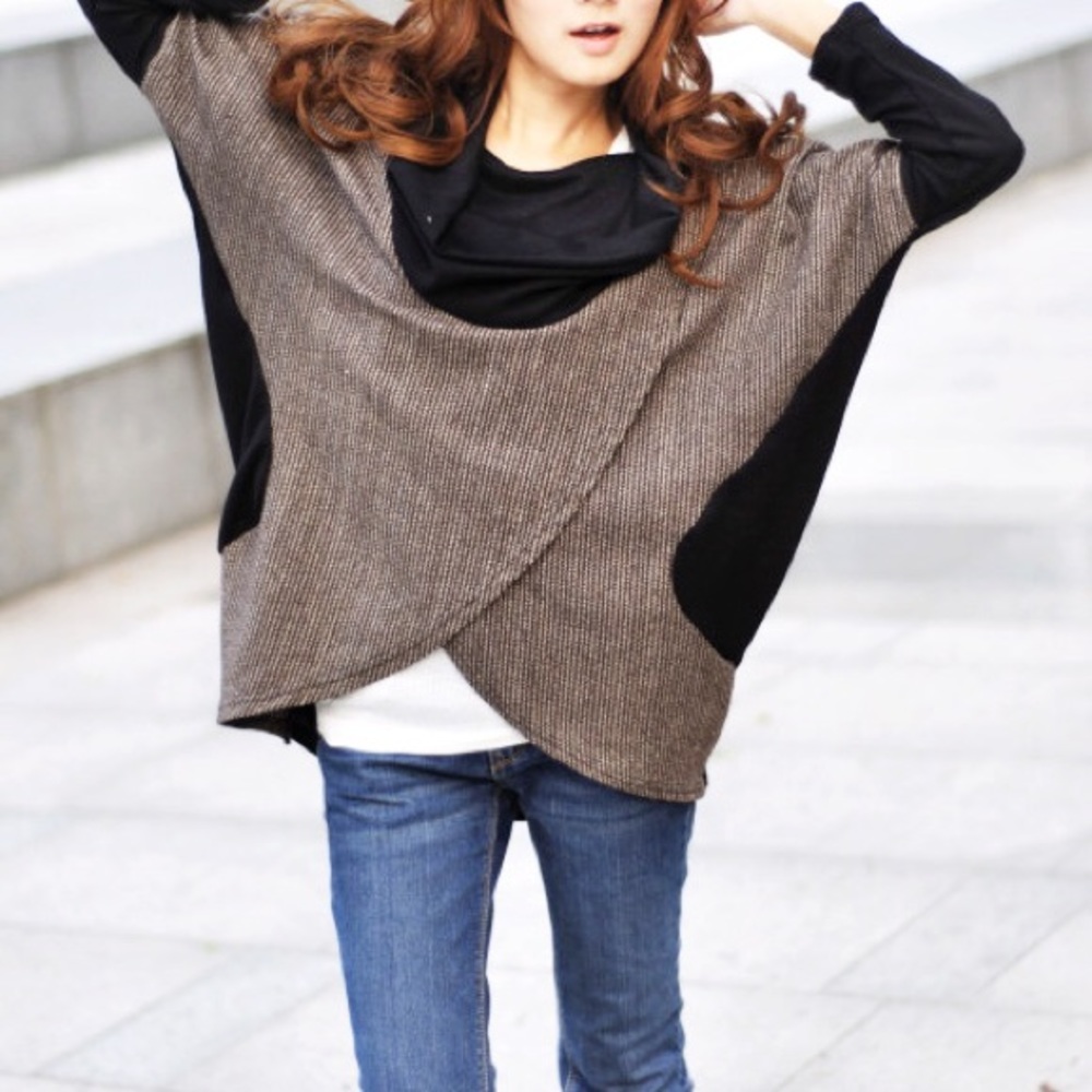Draped Collar Folded Herringbone Sweater Blouse